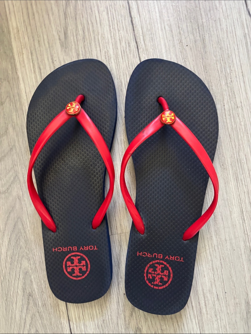 Tory Burch Black Footbed with Red Logo Strap Flip Flops